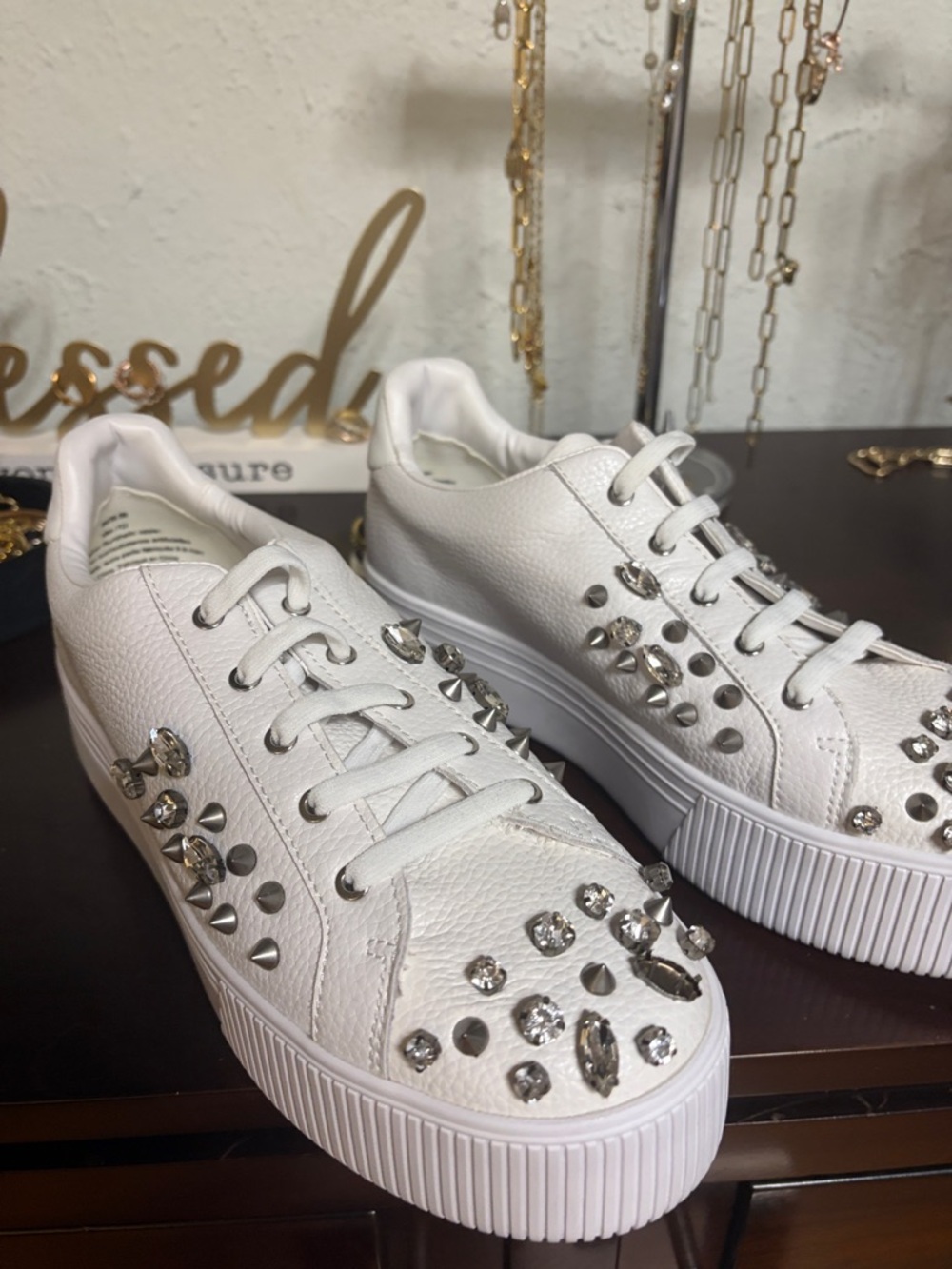 Karl Lagerfeld White Leather Studded Crystal Sneakers